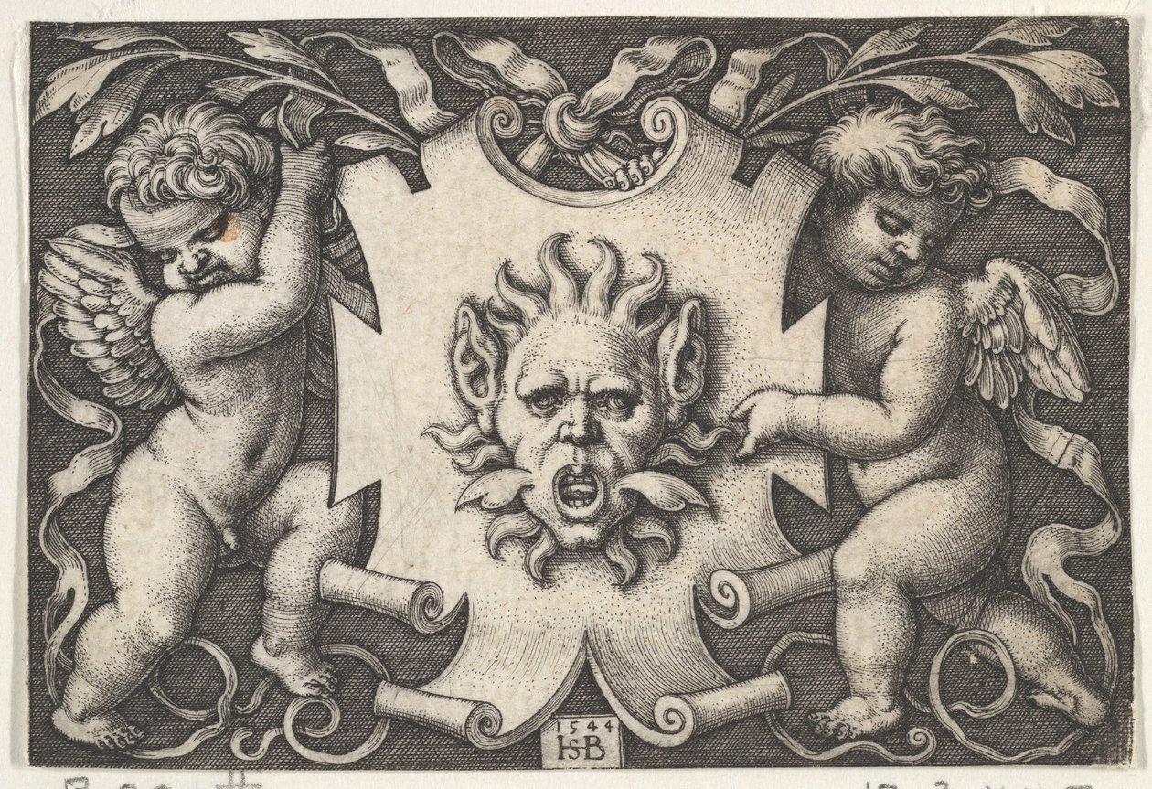 A Mask on an Escutcheon Supported by Two Genii by Sebald Beham