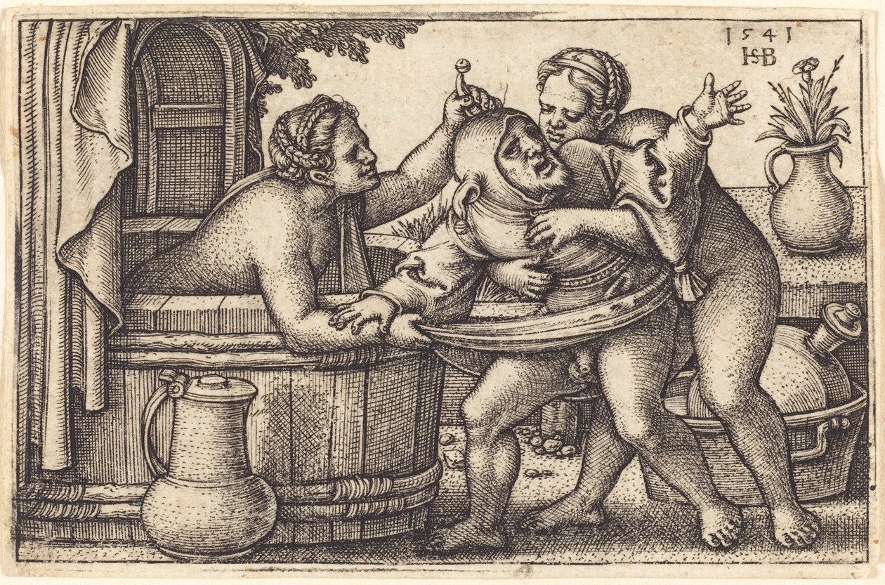 Clown and Two Women Bathing by Sebald Beham