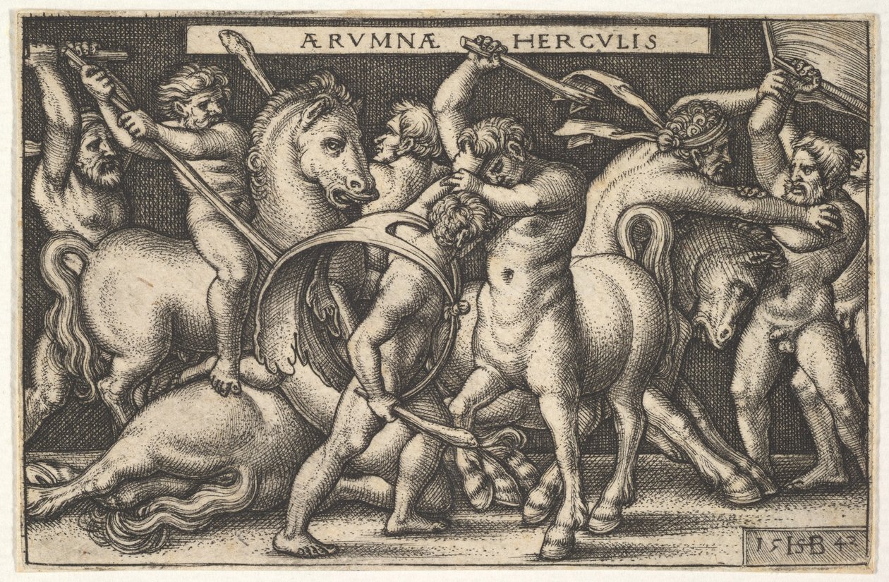 Hercules with His Club in Center Fighting a Centaur, Other Men Fighting Centaurs to Left by Sebald Beham