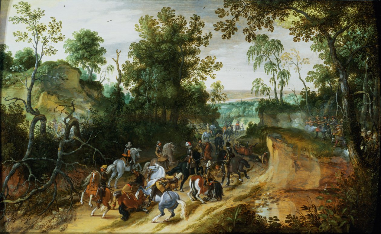 A Cavalry Column Ambushed on a Woodland path by Sebastian Vrancx