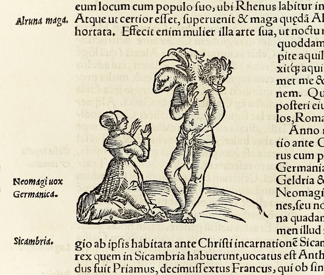 A witch summons a three headed demon, from 1550 edition of Cosmographia by Sebastian Munster by Sebastian Munster