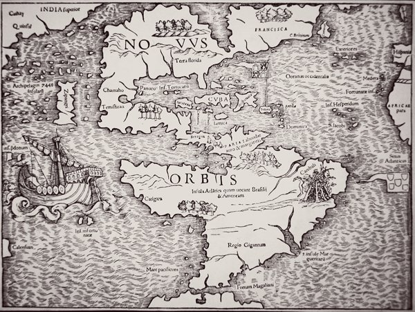 Map of America showing the Atlantic and Pacific Oceans by Sebastian Munster