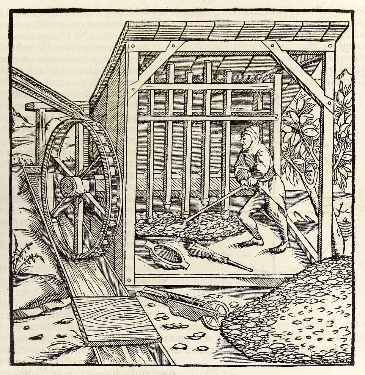 Mining with water wheel, from 1550 edition of Cosmographia by Sebastian Munster by Sebastian Munster
