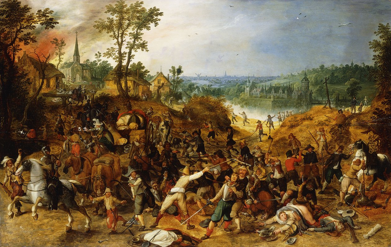 A Landscape with Marauders attacking a Wagon Train and Pillaging a Village by Sebastian Vrancx