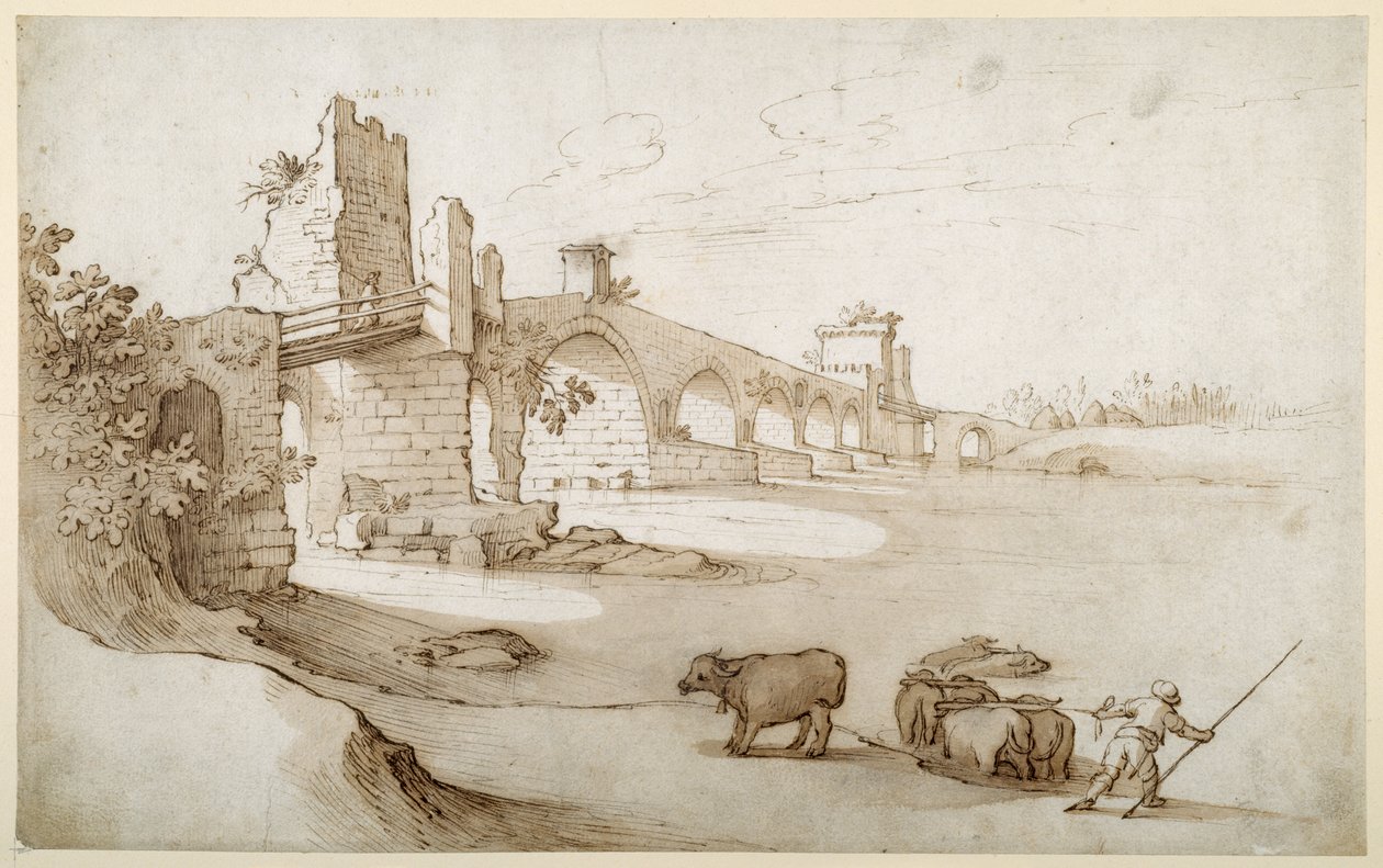 A drover urging a team of bullocks to swim the Tiber at the Ponte Milvio Crossing by Sebastian Vrancx