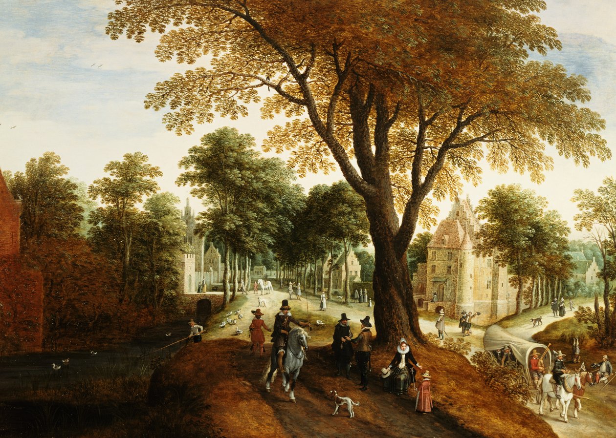 Elegant Horsemen and Figures on a Path in Front of a Chateau by Sebastian Vrancx