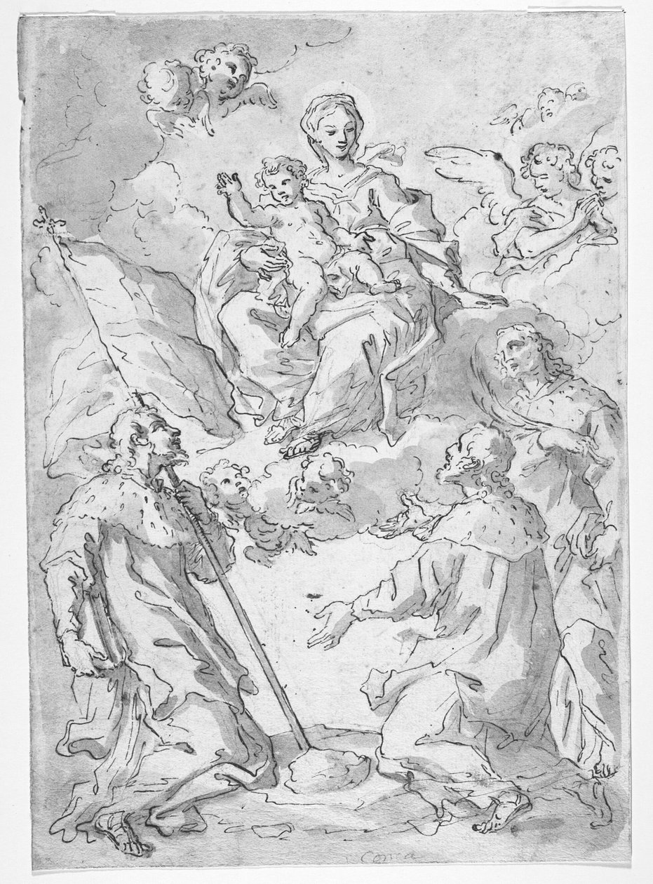 Three Male Saints with Madonna and Child in the Clouds Surrounded by Angels by Sebastiano Conca