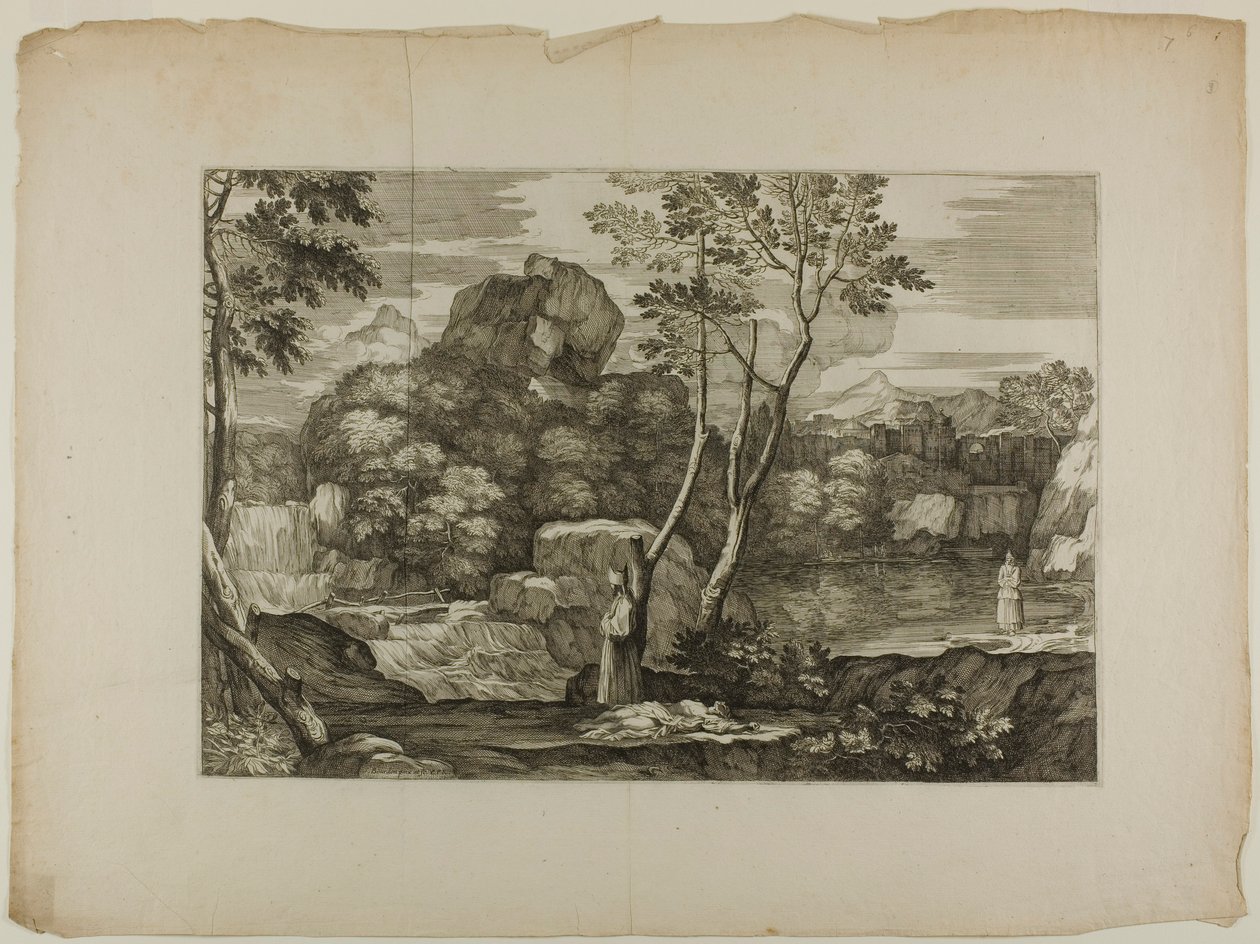 Landscape with a Dead Man and Two Priests by Sébastien Bourdon
