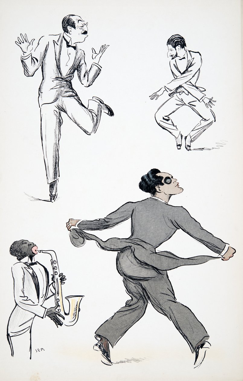 Three gentlemen in Black Tie perform moves from the Charleston to a saxophone, from White Bottoms, pub. 1927 by Sem