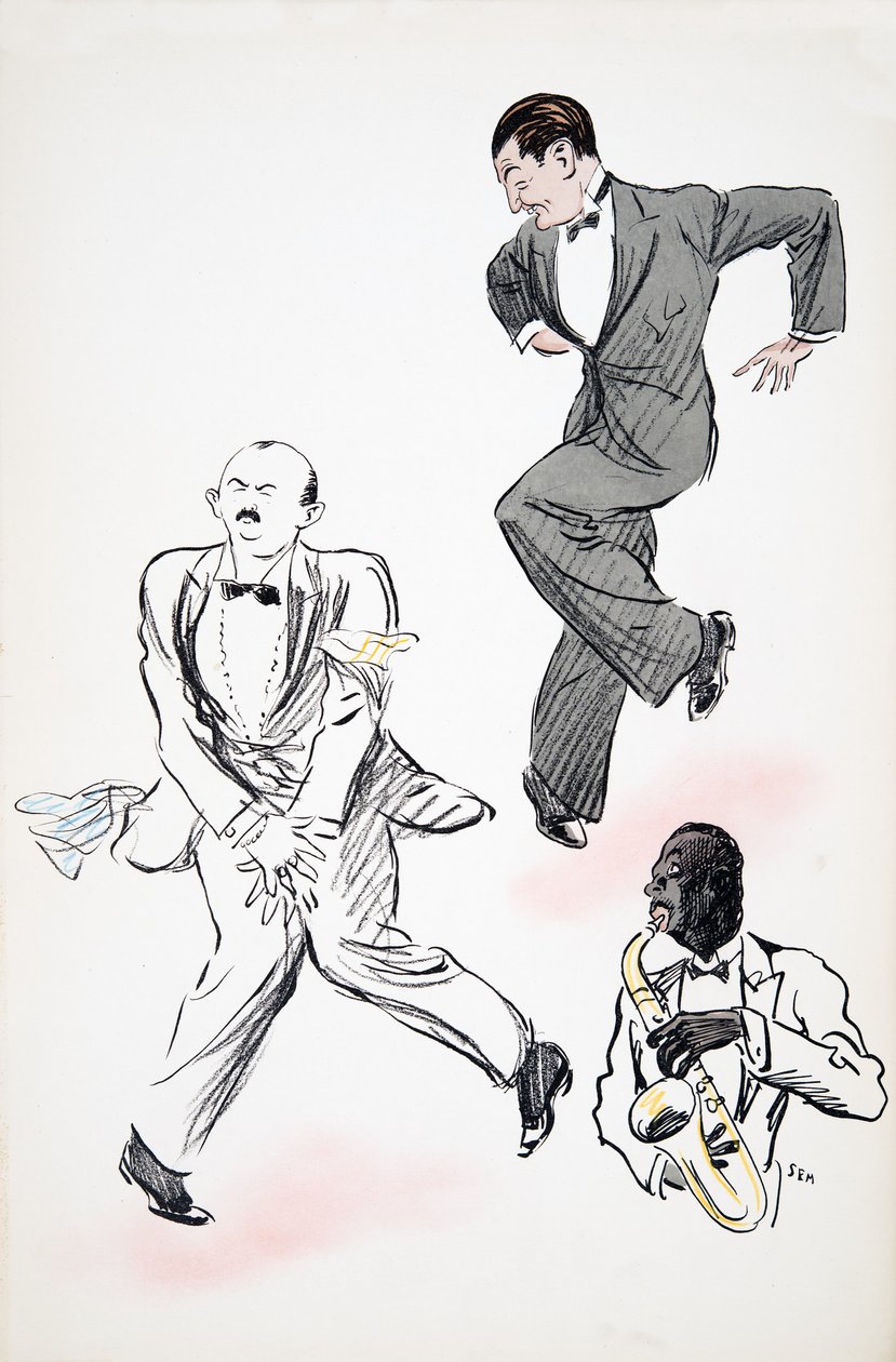 Two gentlemen in black tie dancing to jazz, played by a musician on the saxophone, from White Bottoms, pub. 1927 by Sem