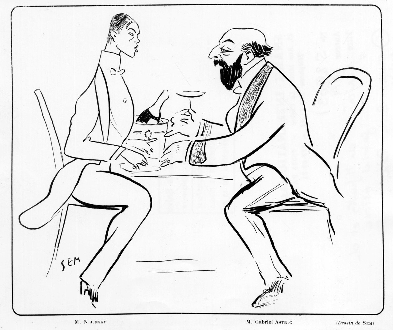 Cartoon by Nijuisky and Gabriel Astri in a cafe, drawing by Sem (1863 - 1934). by Sem