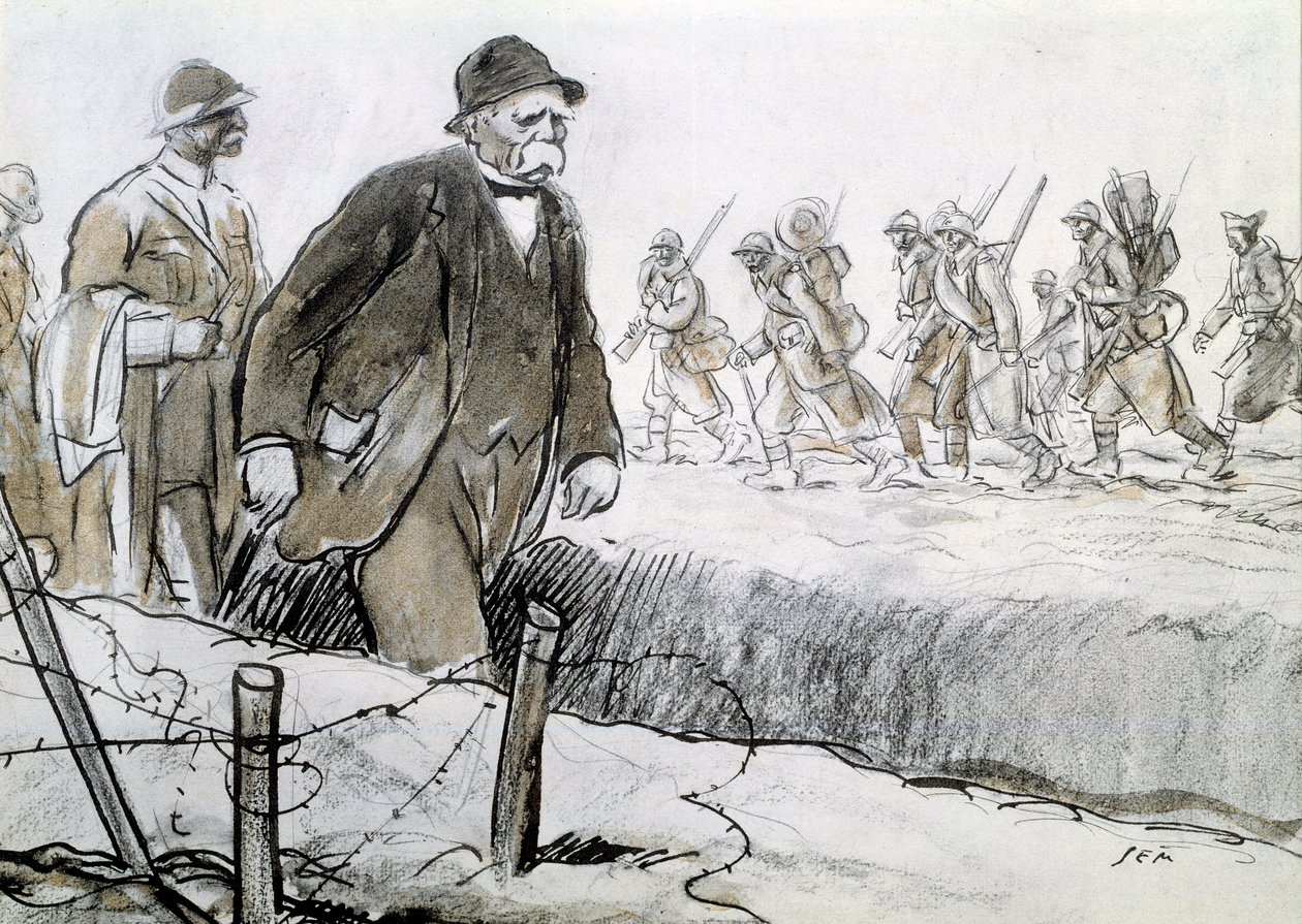 First World War: Portrait of Clemenceau (1841-1929) in a Casing Visiting the Front. Drawing by Georges Goursat dit Sem by Sem