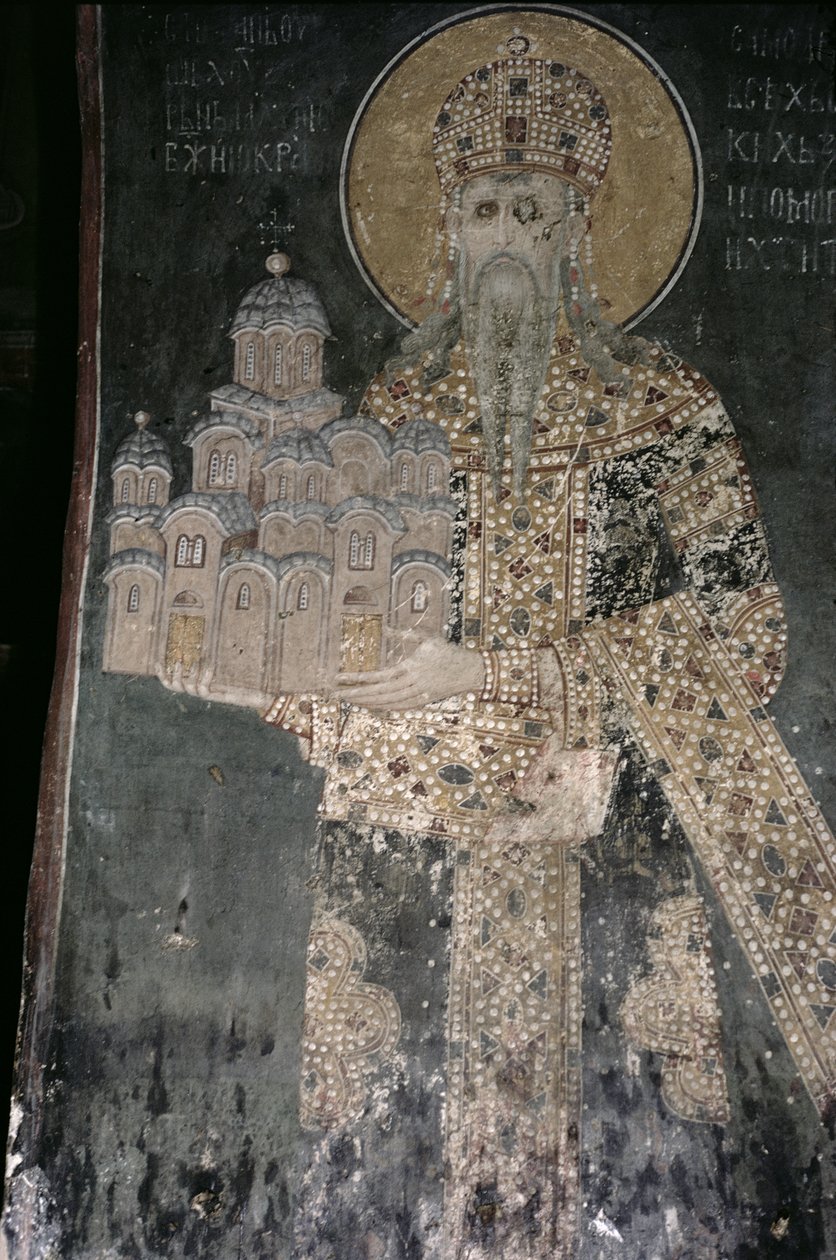 King Stephen Uros II Milutin with a model of the church, 1311-21 by Serbian School