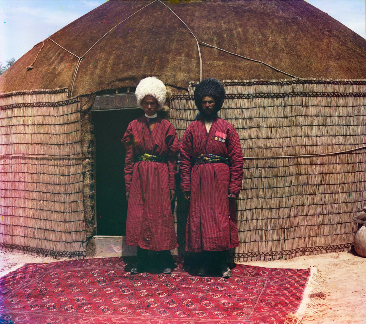 Two Men Standing on a Rug, in Front of Yurt by Sergei Mikhailovich Prokudin Gorskii