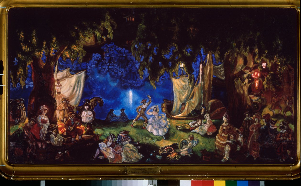 The Rest of the Actors. (A troupe of itinerant theater, whose members dance, play music or relax in a forest clearing, by the light of the Moon). by Sergei Yurevich Sudeikin
