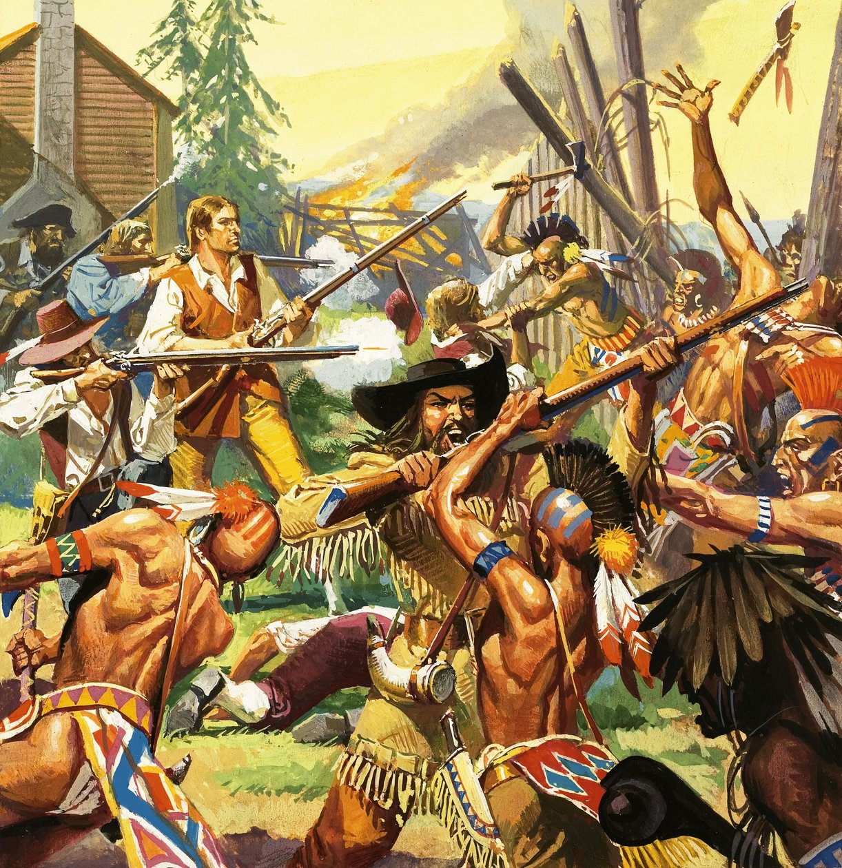 Daniel Boone defending a Kentucky homestead from attacking Indians by Severino Baraldi