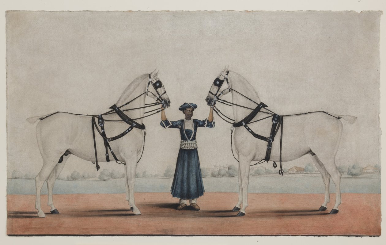 A Syce (Groom) Holding Two Carriage Horses, c.1845 by Shaik Muhammad Amir of Karraya (attr. to)
