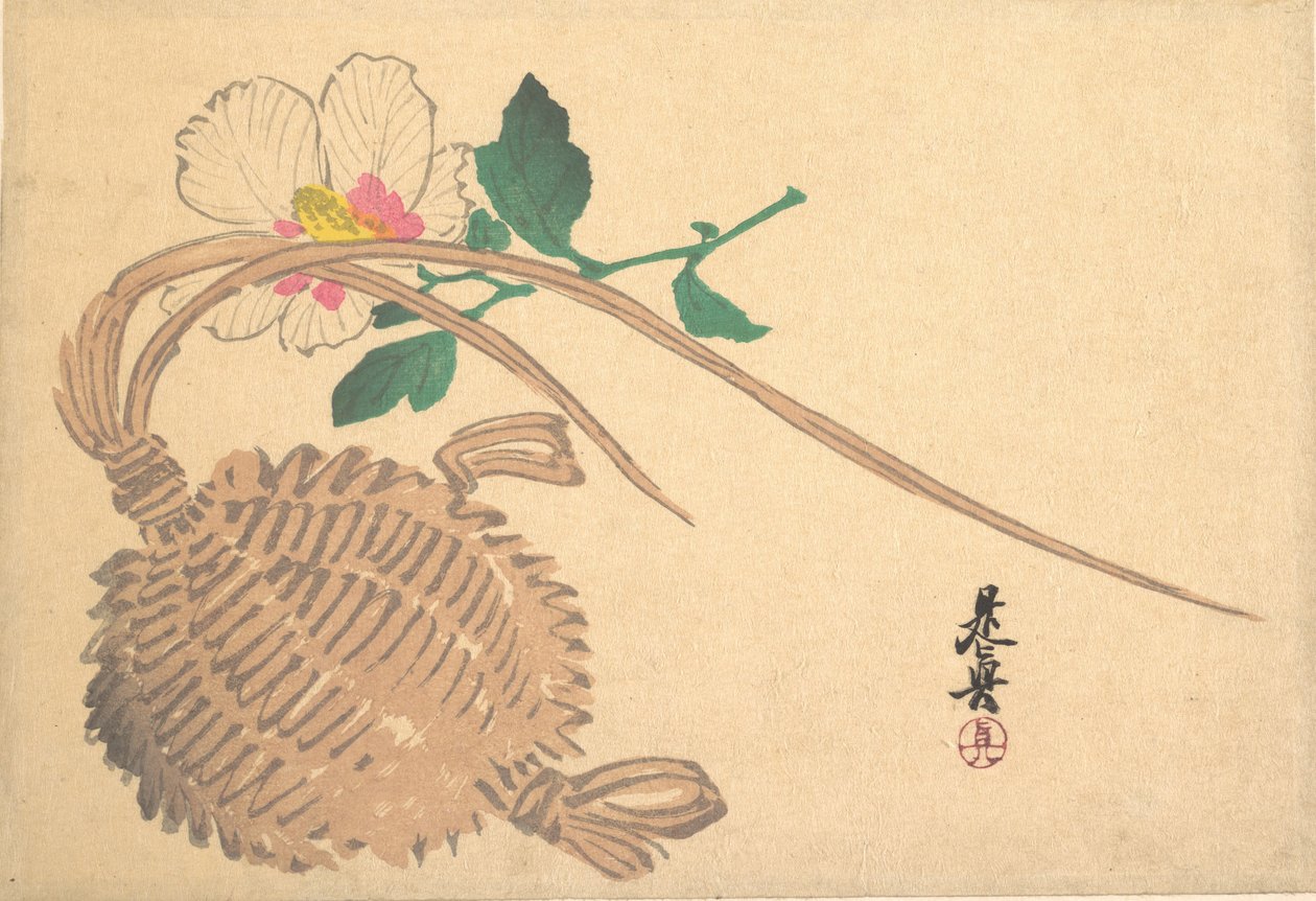 Straw Basket for Fish and Mokuge Flower, ca. 1875 by Shibata Zeshin