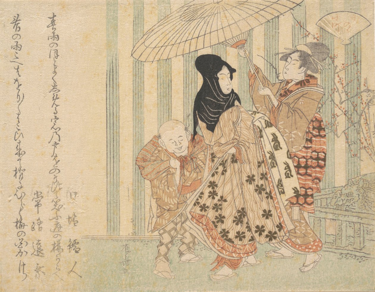 Courtesan with Attendants, Boy and Maid, in the Rain Under an Umbrella by Shinsai