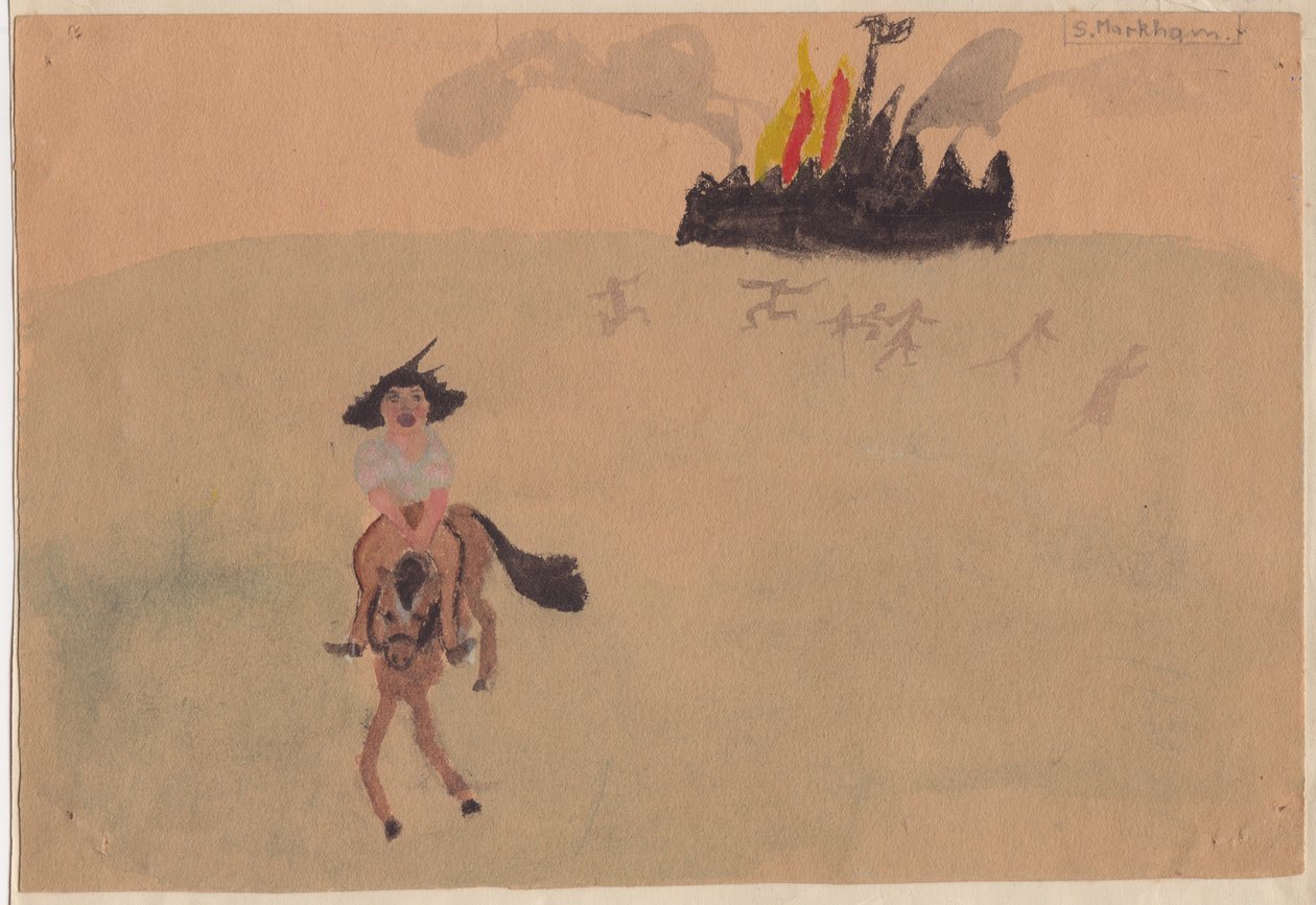 Girl on Horse Fleeing Flaming Fort by Shirley Markham