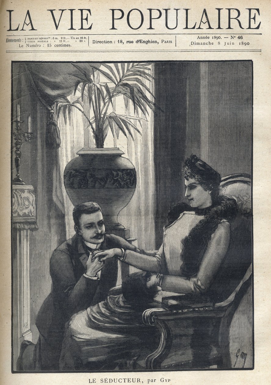 A man on his knees is holding the hand of an elegant woman, sitting in a bourgeois living room, wearing his coat, a sleeve and a fur scarf. Illustration for Le Seducteur by Gyp (Sibylle Gabrielle Marie Antoinette Riquetti de Mirabeau, Countess of Martel by Sibylle Gabrielle de Riquetti de Mirabeau