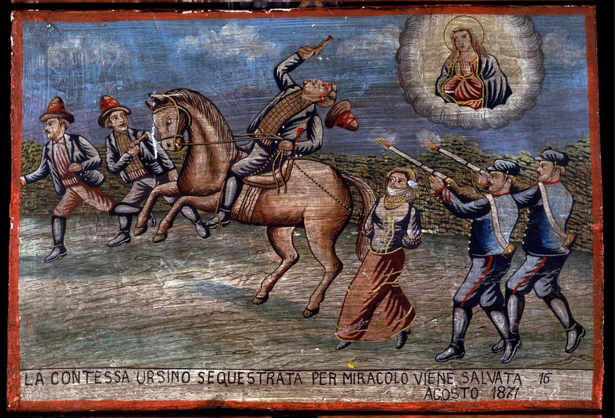 Ex-voto Sicilian: The Abducted Countess Ursino Has Just Been Saved by Miracle on 16/08/1871. Representation of a Brigandage: The Three Robbers Are Abducting the Countess While the Carabinieri Shoot at Them by Sicilian School