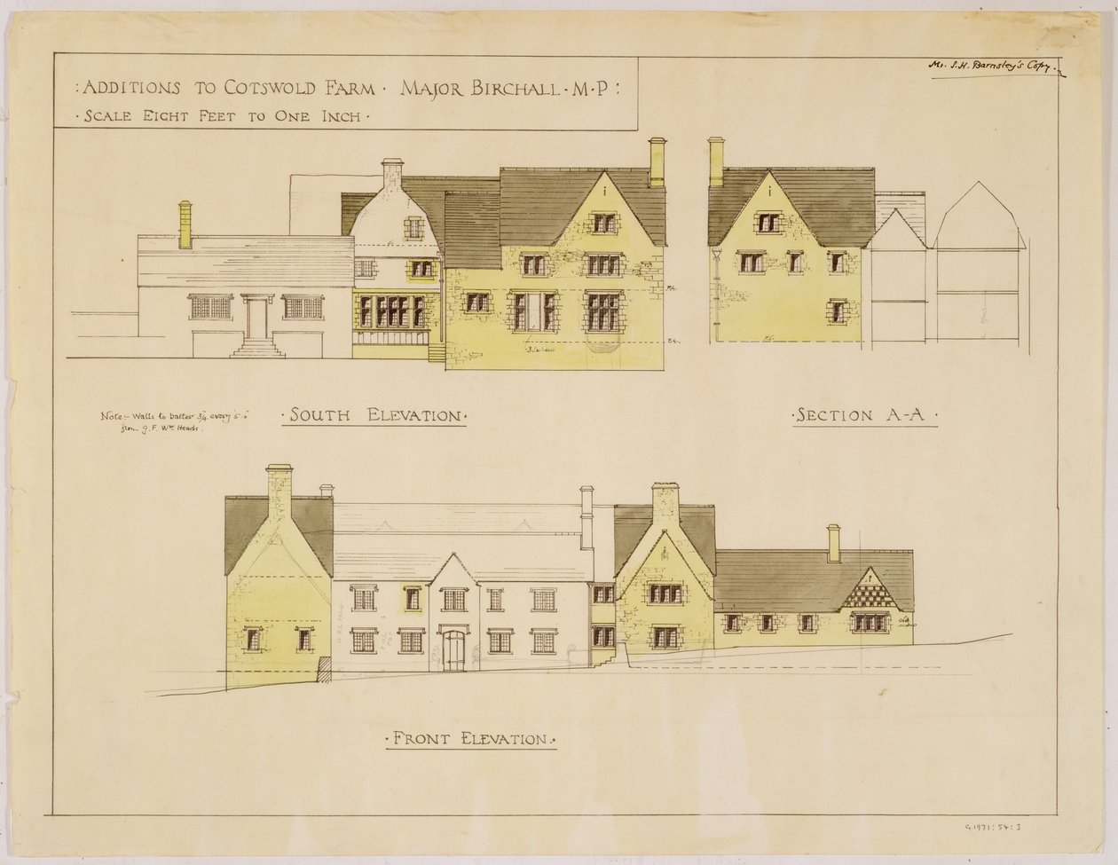 Additions to Cotswold Farm: south and front elevations, c.1925 by Sidney Barnsley