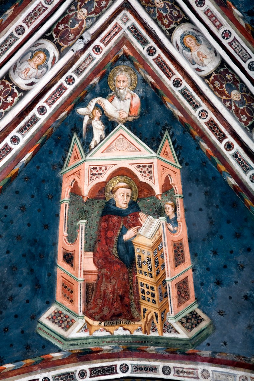 View of the Detail of a Fresco Decorating One of the Vaults of the Upper Church Representing the Four Doctors of the Roman Church: St. Gregory I the Great and the Evangelist Saint Matthew by Sienese School