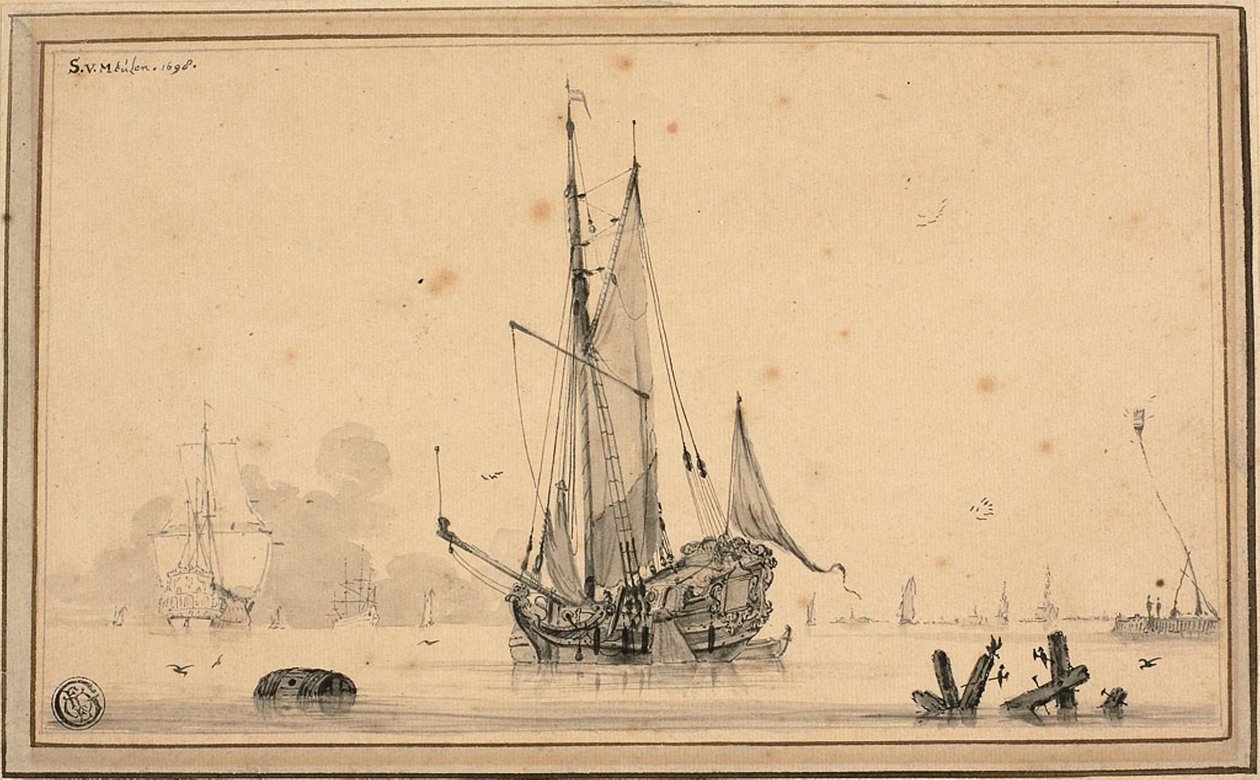 Harbor Scene with Ships at Rest and Piling by Sieuwert van der Meulen