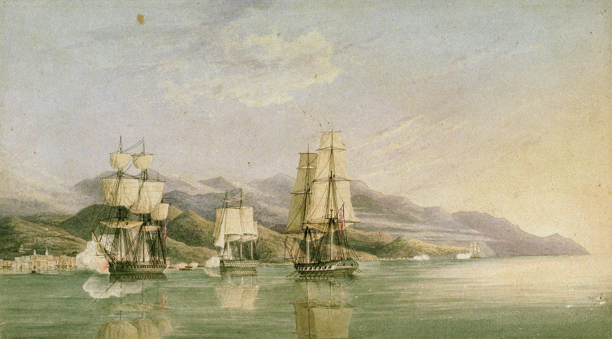 Attack on Convoy of Eighteen French Merchant Ships at Laigrelia and Alassio, 27 June 1812, Early 19th Century by Silas Thomson (attr.to) Hood