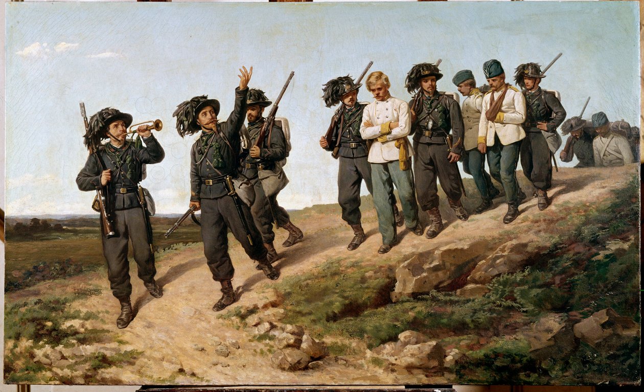 Episode of the Italian campaign in 1859: Austrian prisoners of war surrounded by bersaglieri by Silvestro Lega