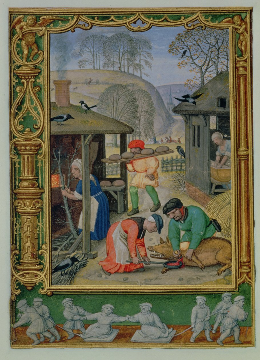 December: Preparing food for the winter, making bread and killing a pig, from a Book of Hours, or the Golf Book by Simon (workshop of) Bening