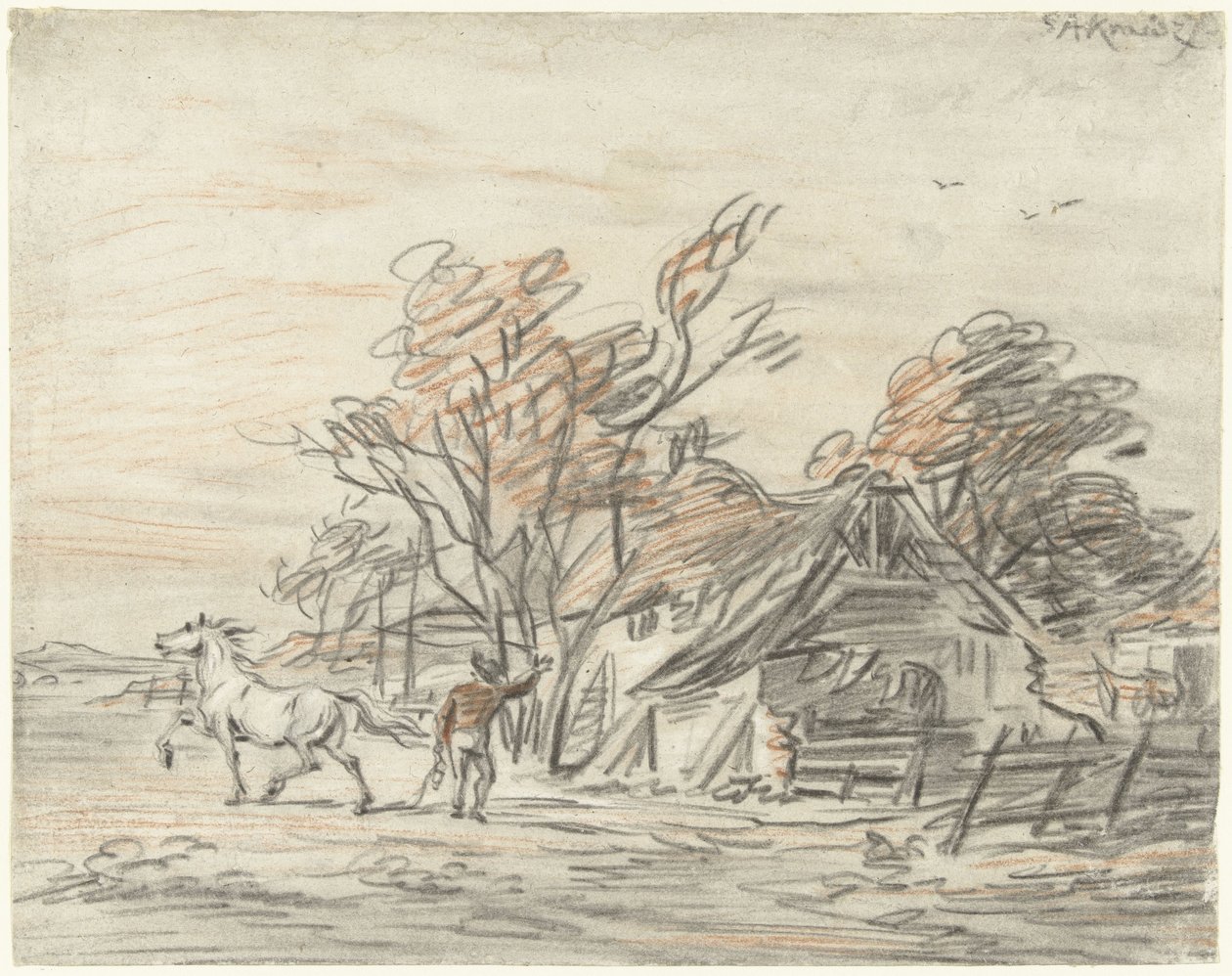 Farmhouse with a Farmer Training His Horse by Simon Andreas Krausz
