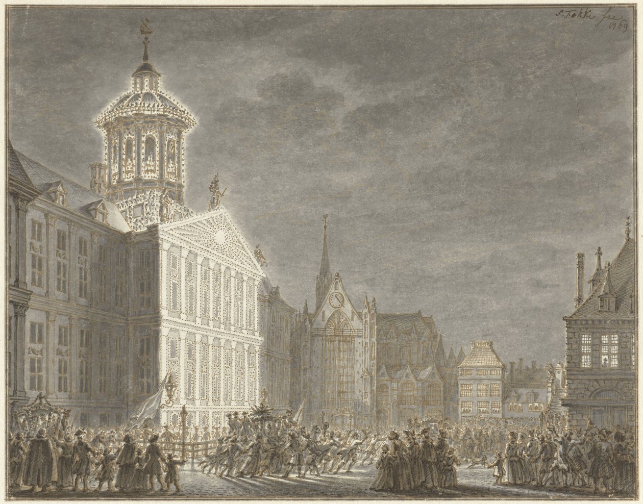 Illumination of the Town Hall for William V and Wilhelmina of Prussia, 1768 by Simon Fokke