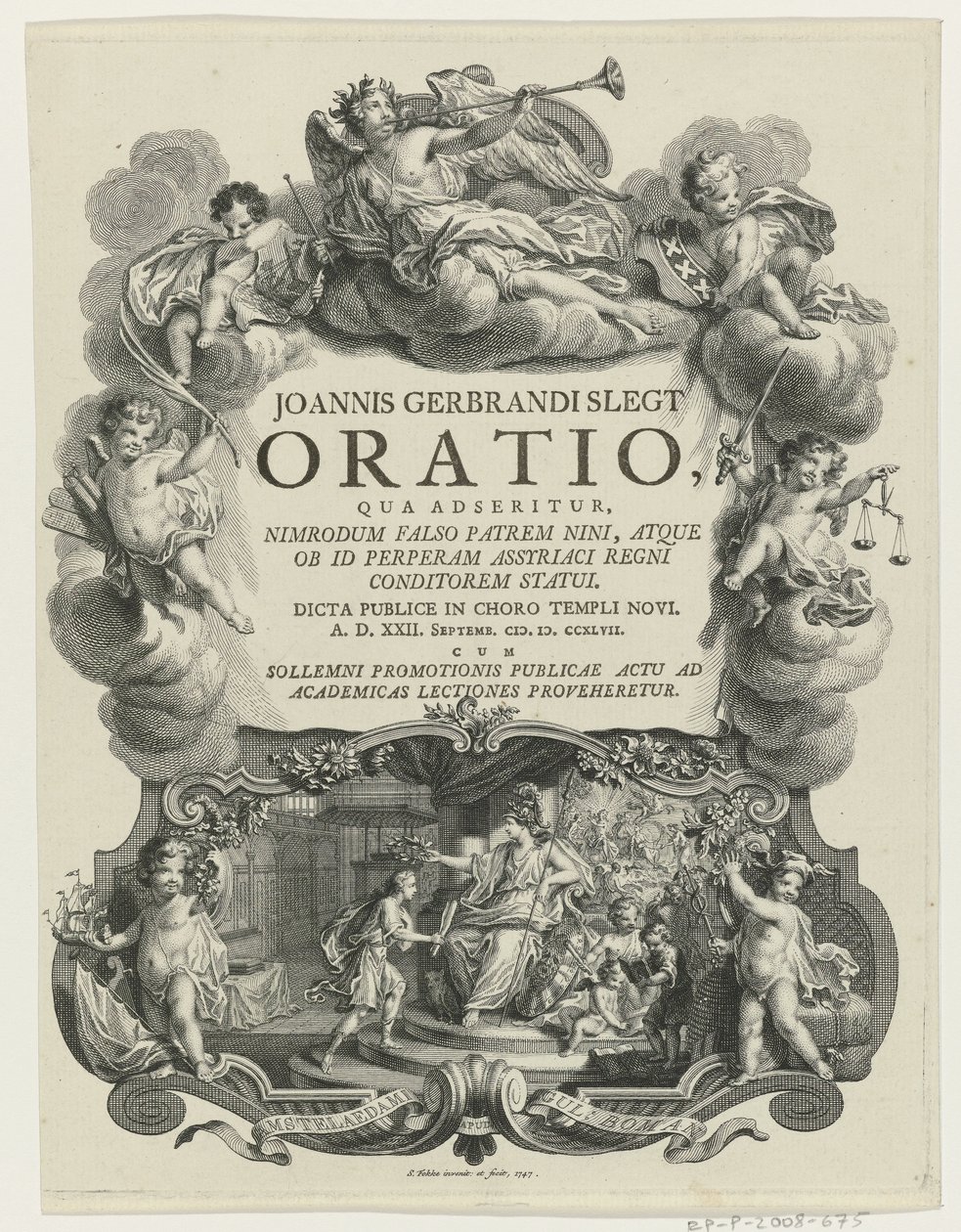 Minerva Crowns a Young Man with a Diploma (Title Page for: J.G. Slegt, Oratio, qua adseritur, Nimrodum falso patrem Nini, 1747) by Simon Fokke