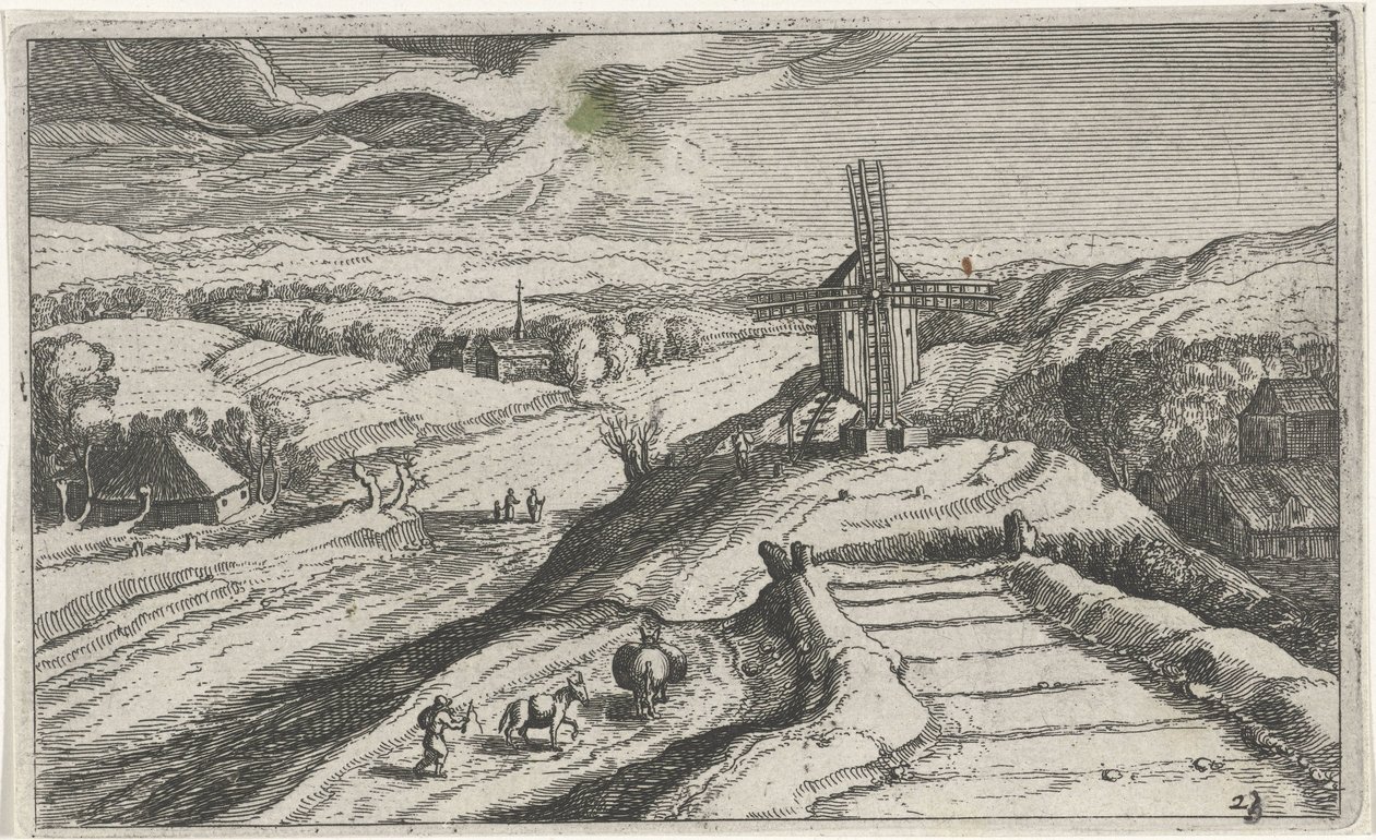 Hill Landscape with a Windmill (series: Various Landscapes, Topographia variarum regionum) by Simon Frisius (attributed to)