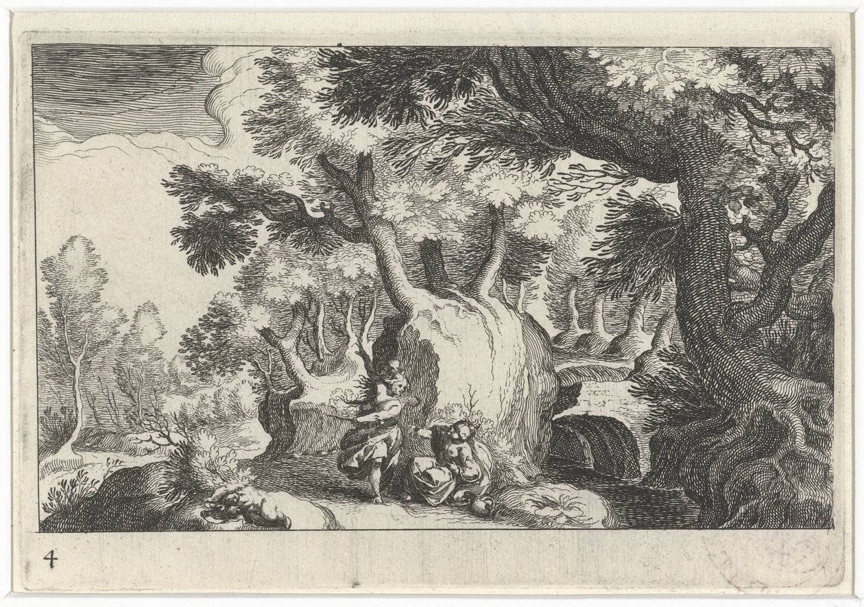 Forest Landscape with Hagar and Ishmael (Southern European Landscapes Series) (Topographia variarum regionum Series) by Simon Frisius