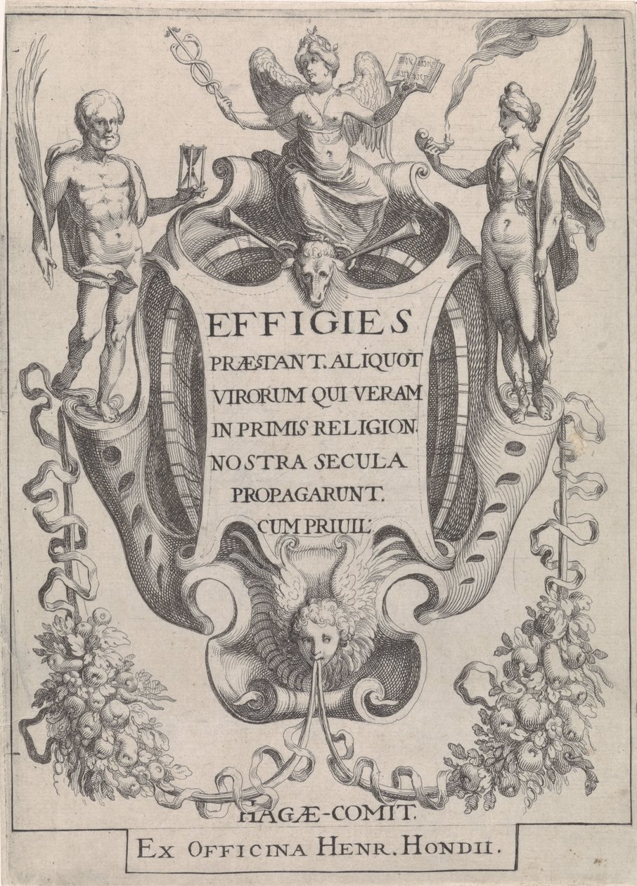 Cartouche with Garlands and Figures by Simon Frisius