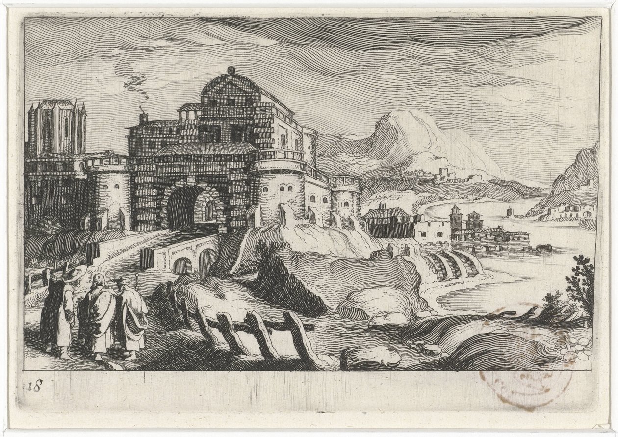 Disciples at Emmaus before a City Gate in a Mountain Landscape (Southern European Landscapes series) by Simon Frisius