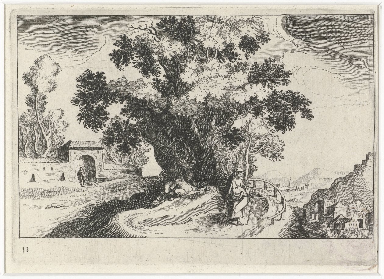 Hill Landscape with Embracing Figures Under a Tree (Southern European Landscapes) by Simon Frisius