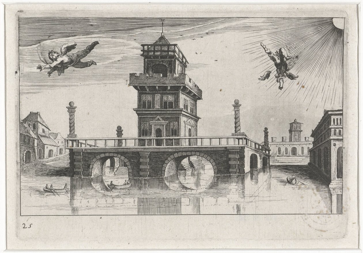 Cityscape with Icarus and Daedalus by Simon Frisius