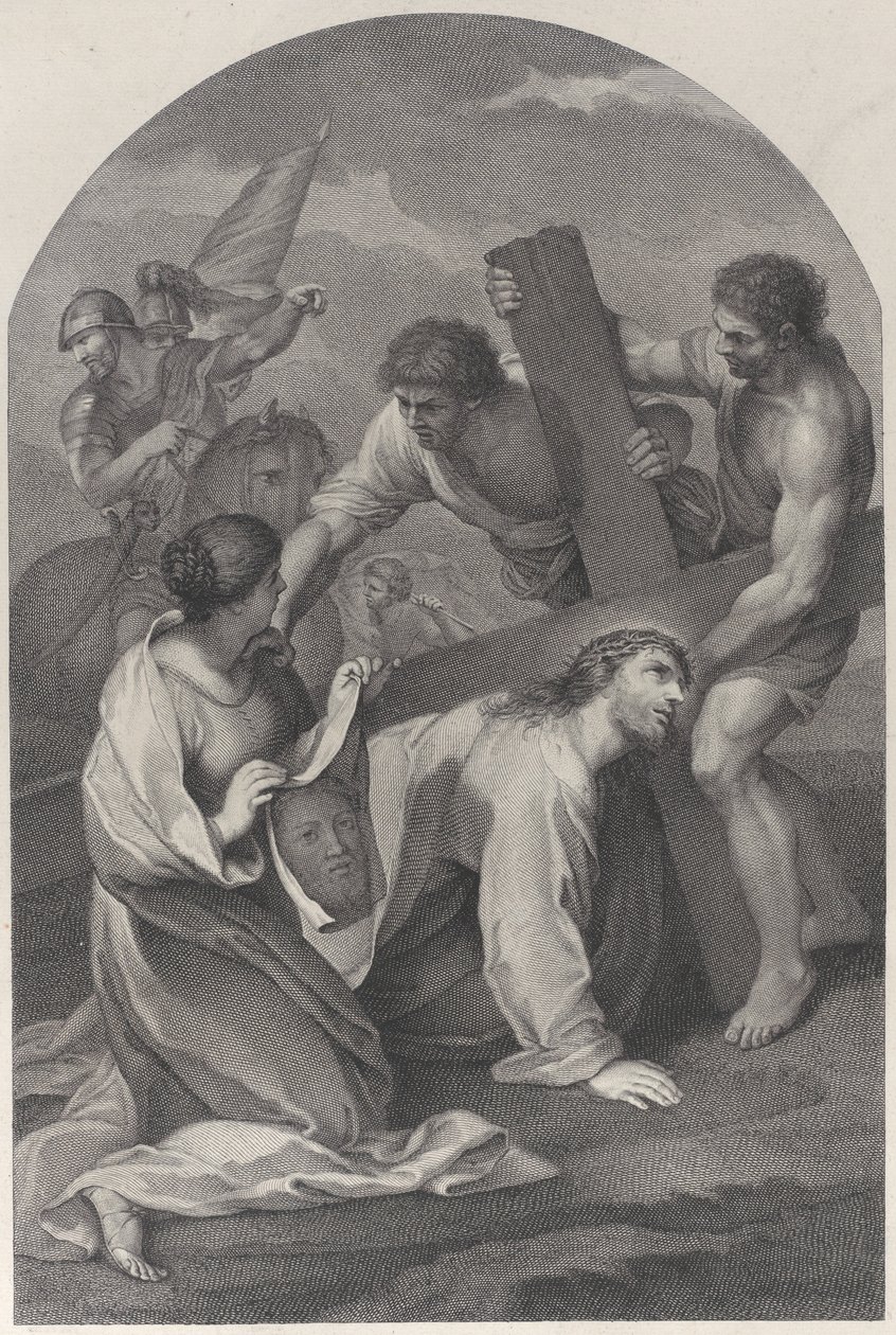 Christ fallen to the ground under the weight of the cross, with two men assisting by Simon Vallee