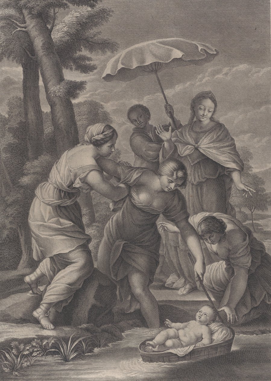 Three women pulling in the basket with the infant Moses from the water, ca. 1729 by Simon Vallee