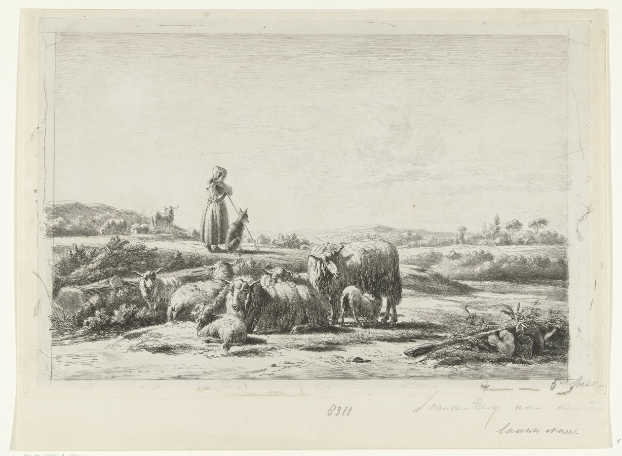 Landscape with Shepherdess and Dog by Flock of Sheep by Simon van den Berg