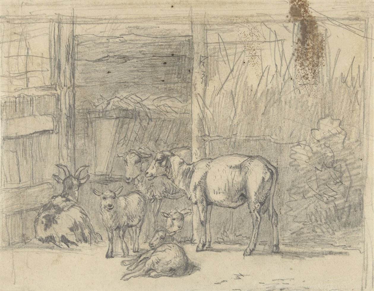 Sheep and a Goat in Front of a Stable by Simon van den Berg