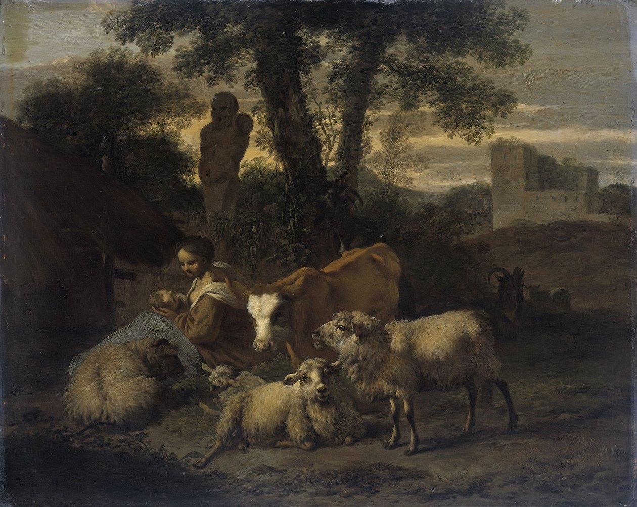Italian Landscape with Shepherdess and Flocks by Simon van der Does