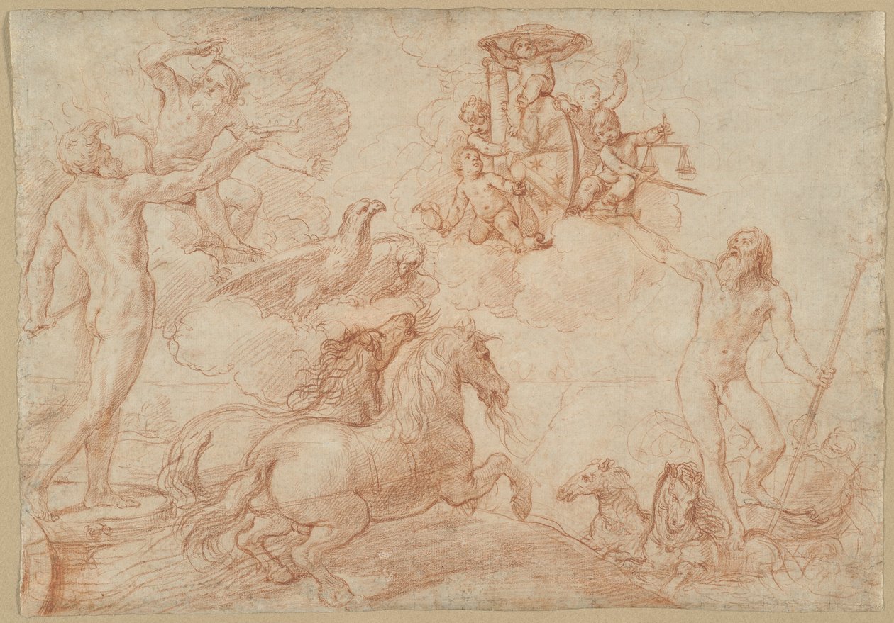 Jupiter, Neptune and Pluto Paying Homage to the Coat of Arms of Cardinal Borghese by Simone Cantarini
