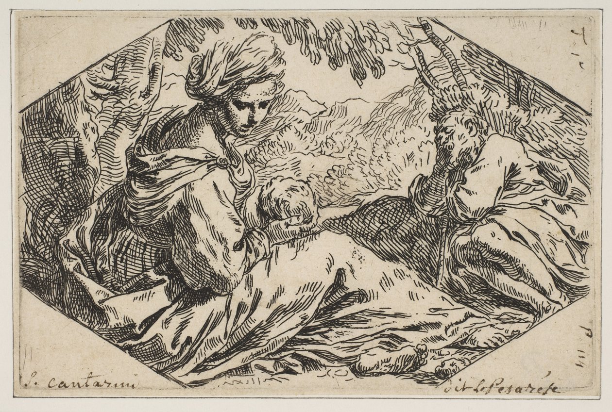 Repose in Egypt, Mary Holding and Looking at the Infant Christ while St. Joseph Stands by Simone Cantarini