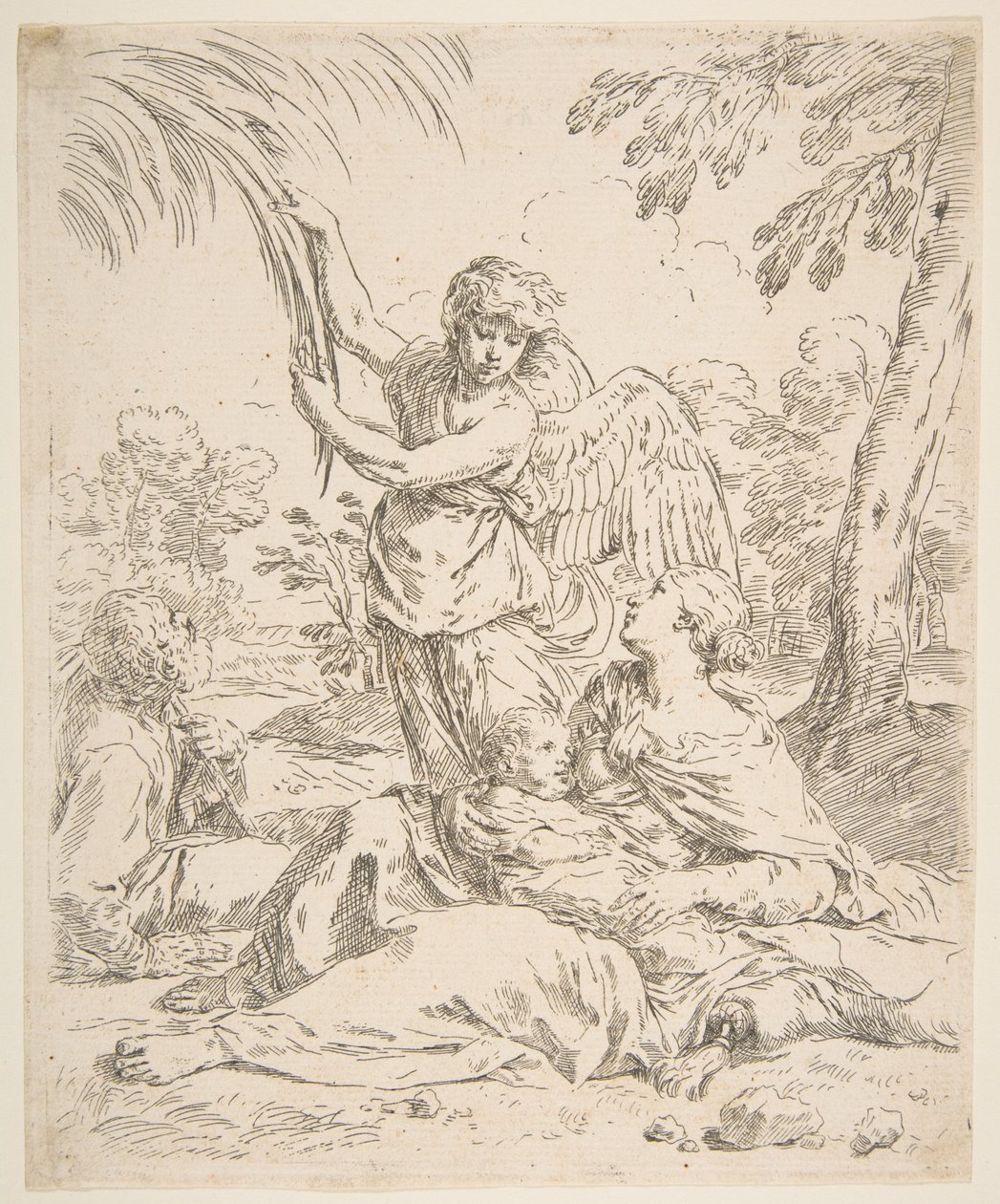 Repose in Egypt, Mary Nursing the Infant Christ while an Angel Pulls at Tree Branches by Simone Cantarini