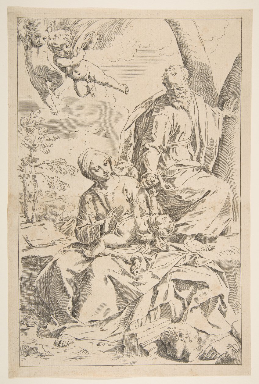 Rest on the Flight into Egypt, Mary Holding the Infant Christ while St. Joseph Hands Her Fruit by Simone Cantarini